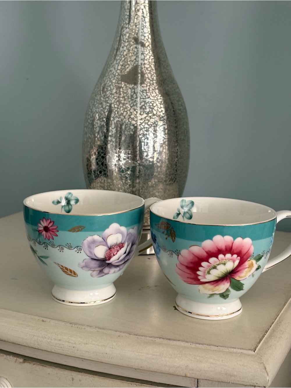 Grace Teaware Porcelain Teacup in Soft Turquoise with Floral Accents